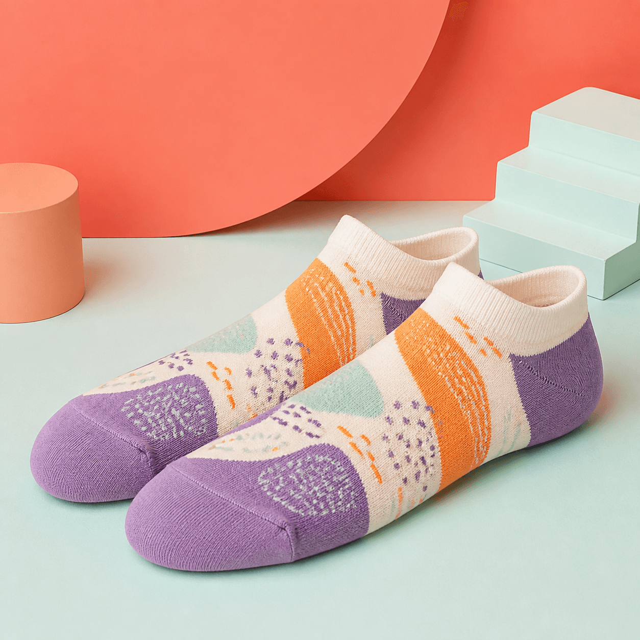 Colorful low-cut custom ankle socks in a bright studio