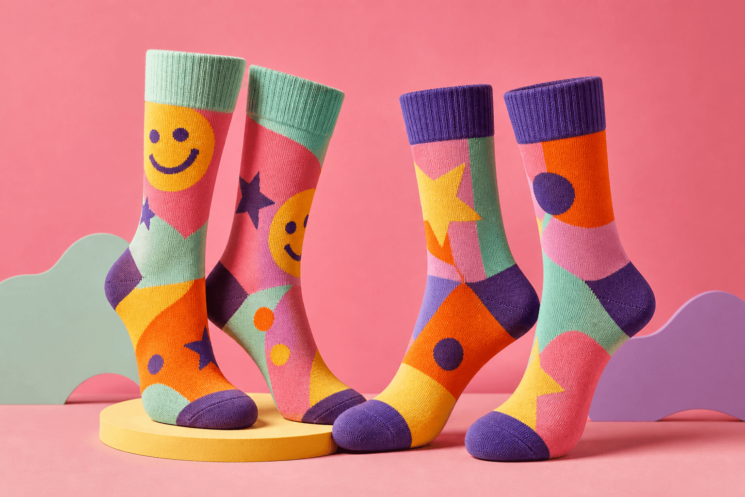 Four colorful custom knitted socks photographed in a bright studio