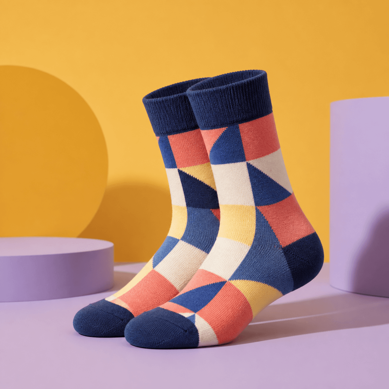 Colorful custom quarter-length socks photographed in a studio