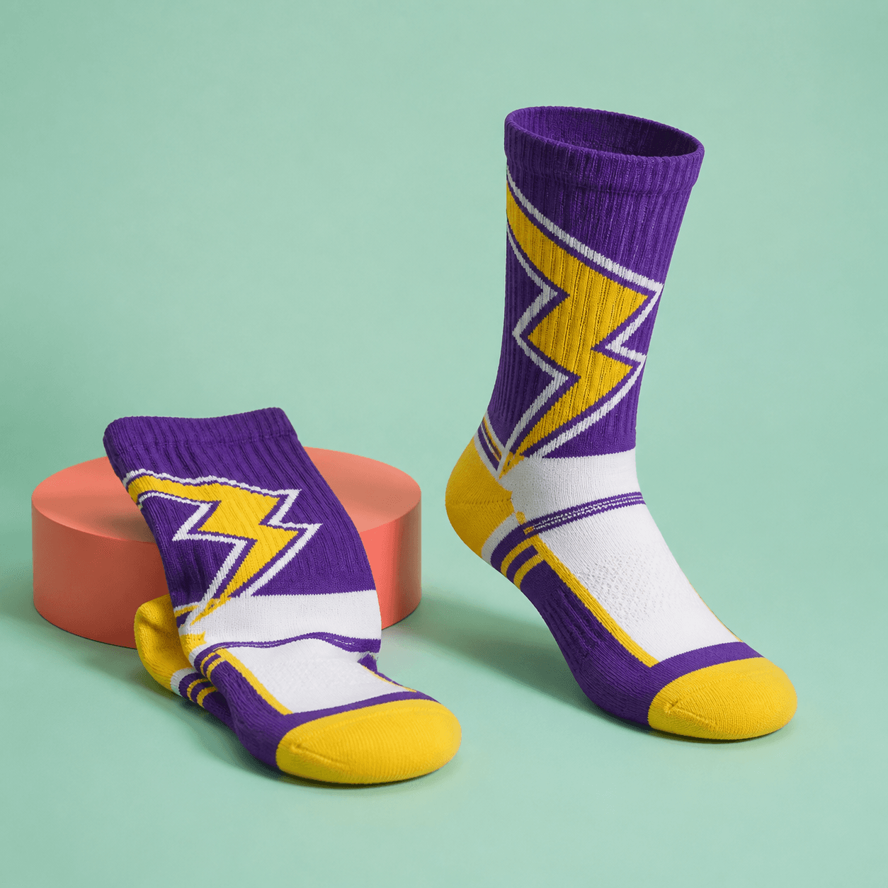 Purple and yellow custom athletic team socks