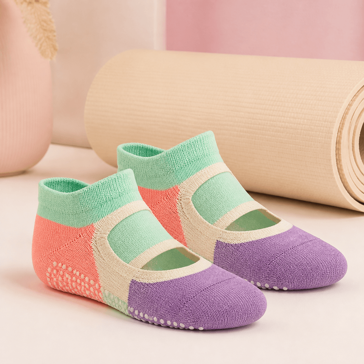Mint, coral, and purple custom yoga grip socks in a calm studio