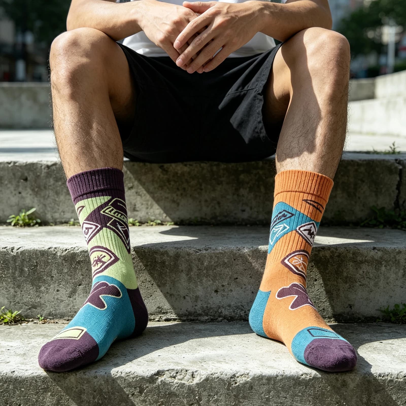A person wearing brightly patterned crew socks outdoors