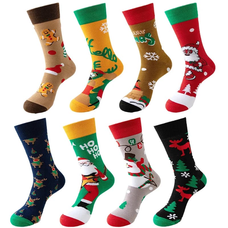 Colorful crew socks with Christmas trees, reindeer, and festive designs