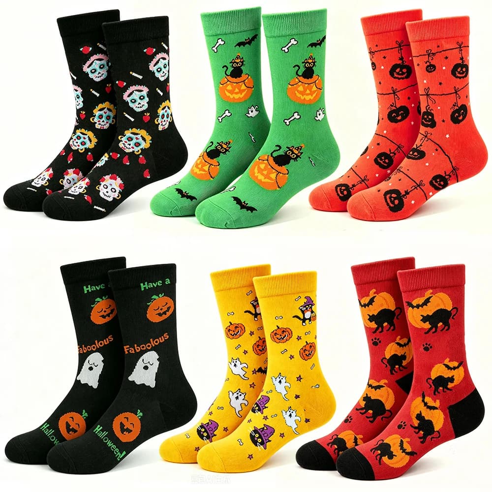 Halloween socks with pumpkins, ghosts, skulls, and playful patterns