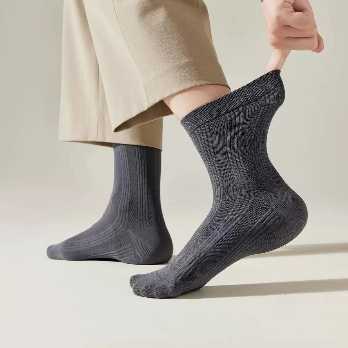 Gray ribbed cotton crew socks shown from the side