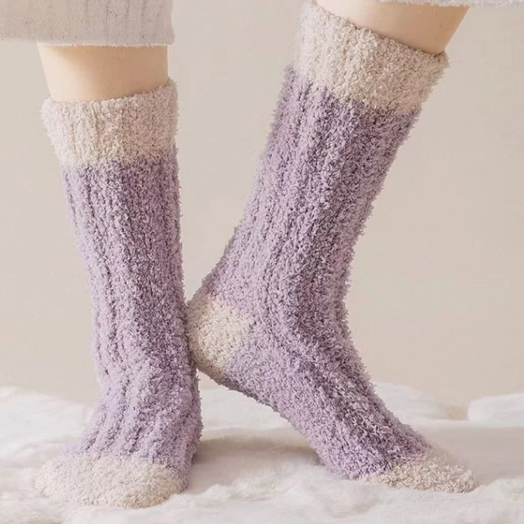 Soft lavender fuzzy socks with cream cuffs