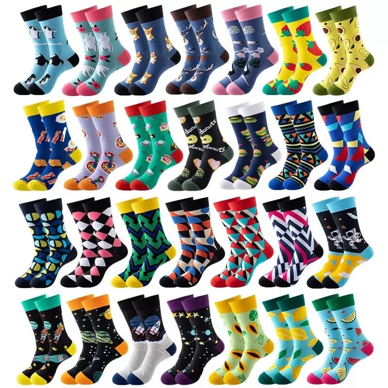 A collection of brightly colored patterned crew socks