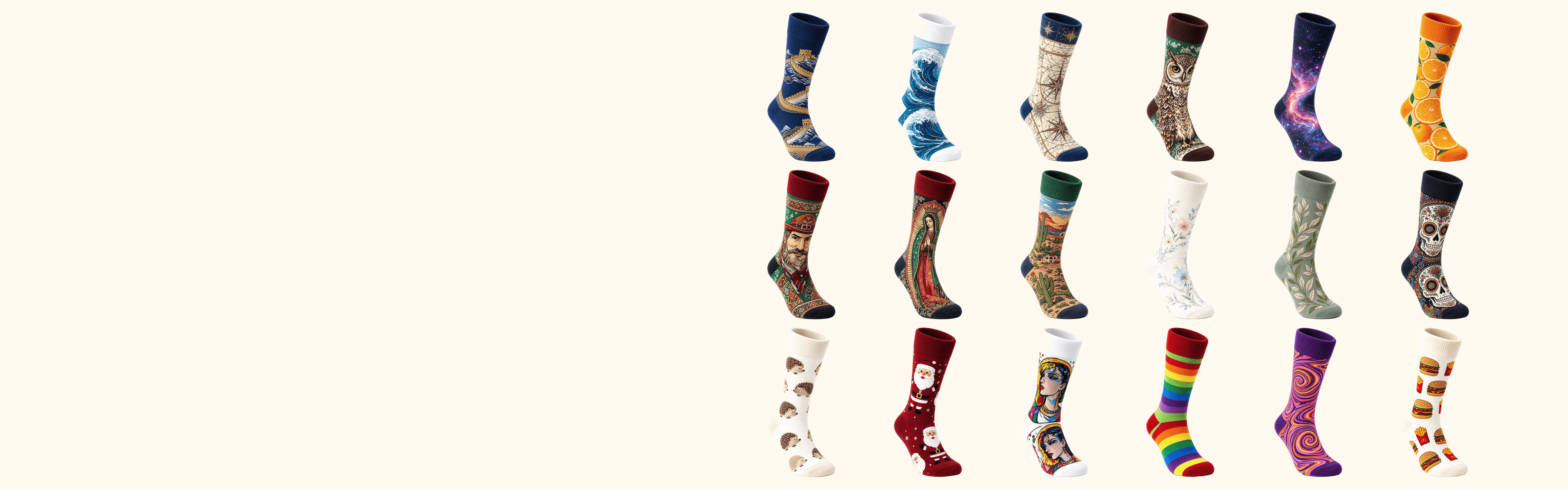 18 colorful custom sock designs in six columns and three rows